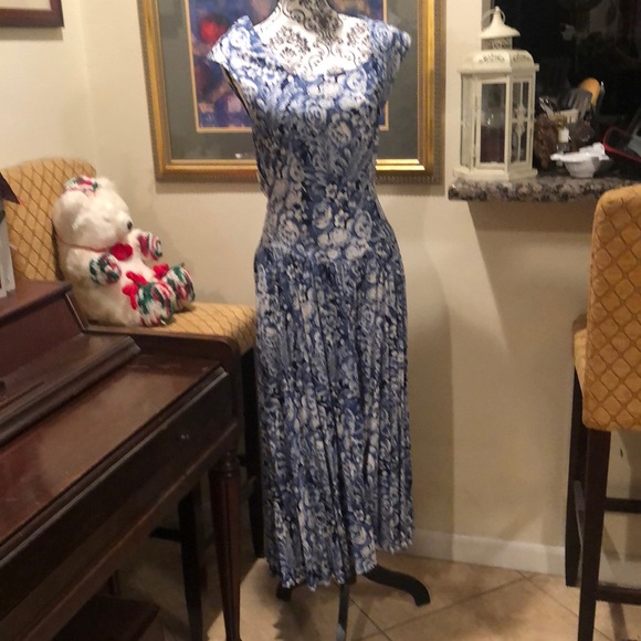 Linea Moda midi sundress with criss cross back, navy, cornflower and white, 12 - Picture 1 of 6